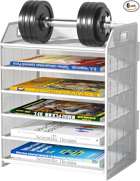 6 Trays Paper Organizer Letter Tray with Pull-Out Drawer, Assembled Mesh Desk File Holder, Metal Paper Sorter for Office Documents, White