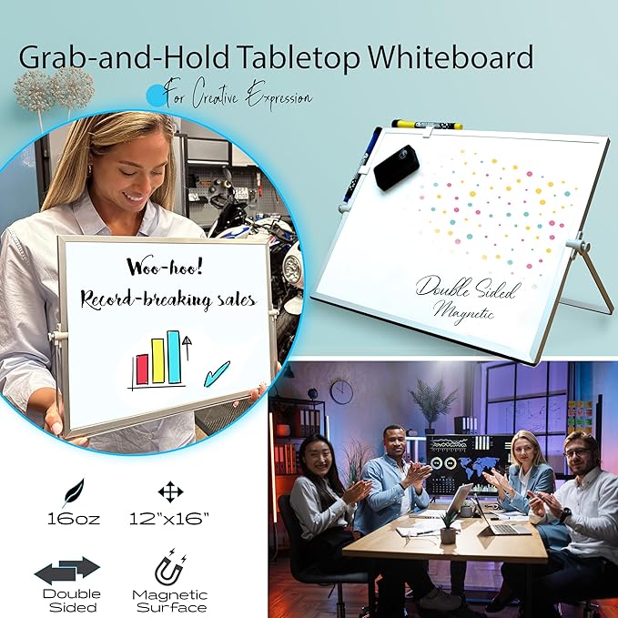 Magnetic Dry Erase Whiteboard 12 x 16 Double Sided, Portable Small White Board with Stand, to Do List Weekly Planner Board for Desk or Wall, Includes 8 Markers Eraser 4 Magnets