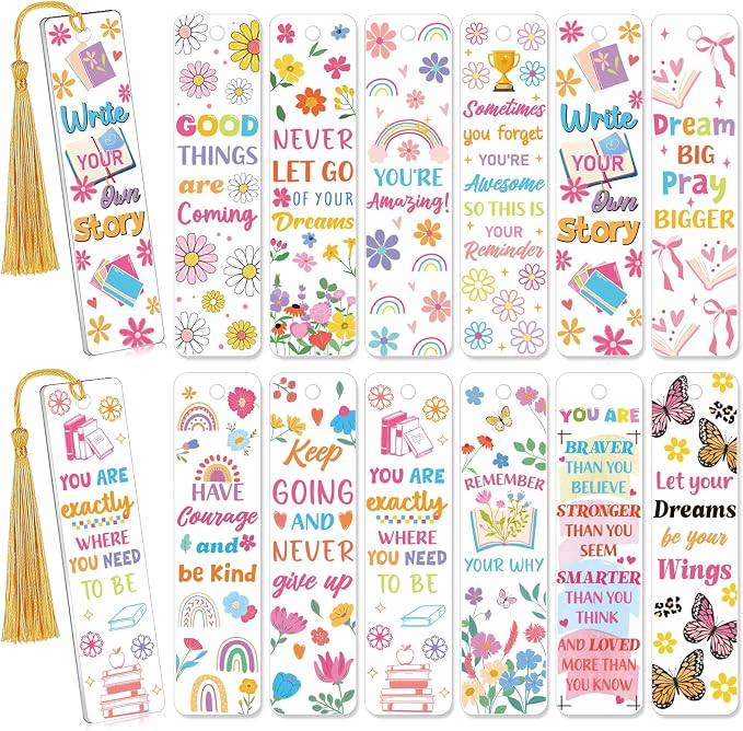 AFRITEE UV DTF Bookmark Wraps - 24 Sheets Mental Health Inspirational Quotes Acrylic Bookmark Blanks Uvdtf Decals, Flowers Butterflies Transfer Sticker Bookmark Double Sided Decal Crafts Decorations