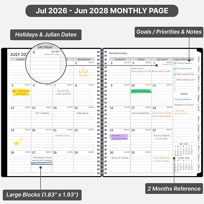 2026-2028 Monthly Planner, 2 Year Calendar Planner, Jul 2026 - Jun 2028, 8.5’’ x 11’’, Large Spiral Agenda, 24 Months, with Tabs ＆Pocket, Flexible Cover, Organizer for Office Home School, Black