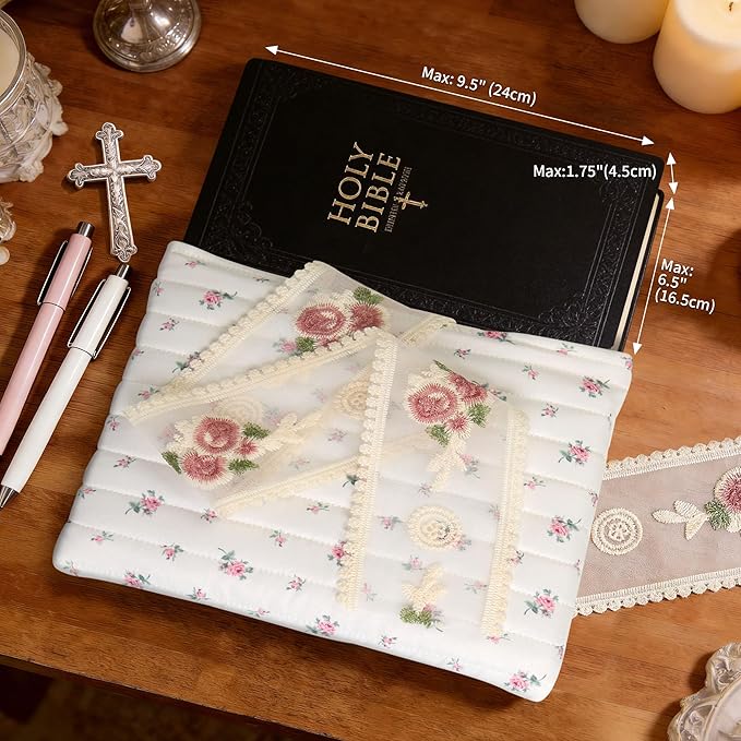 Vintage Pink Rose Quilted Bible Book Bag Cover for Women – Fits Standard Size Bibles Padded Protector Washable Cotton Bag with Elegant Lace Handle with Interior Zipper Pocket