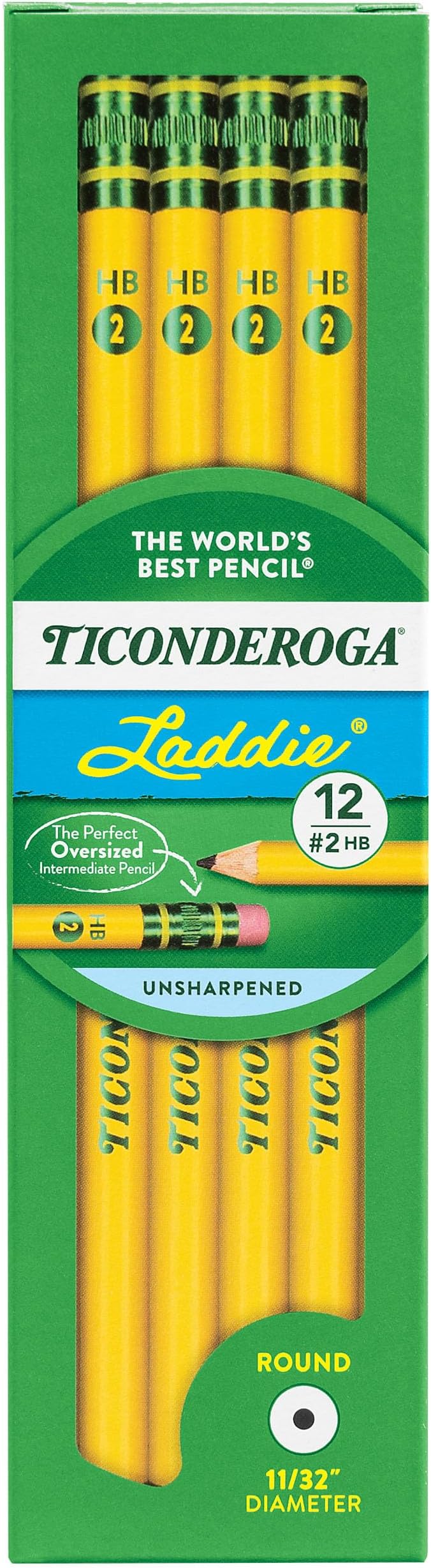 Ticonderoga Laddie Wood-Cased Pencils, #2 HB Soft, With Erasers, Yellow, 12 Count