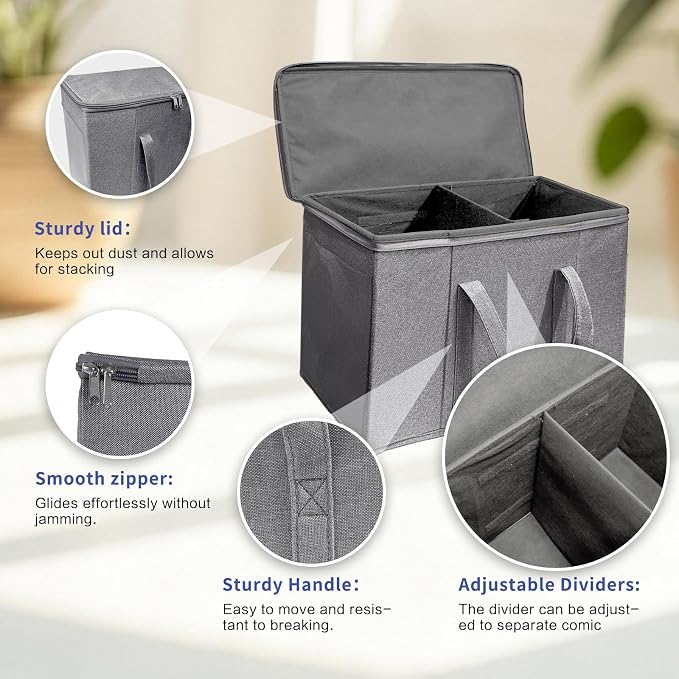 4 Pack Fabric Comic Book Storage Box, Sturdy Comic Book Holder with Adjustable Divider, Collapsible Book Organizer Holds 160-180 Comic Book Heavy Duty Bin Container, Grey
