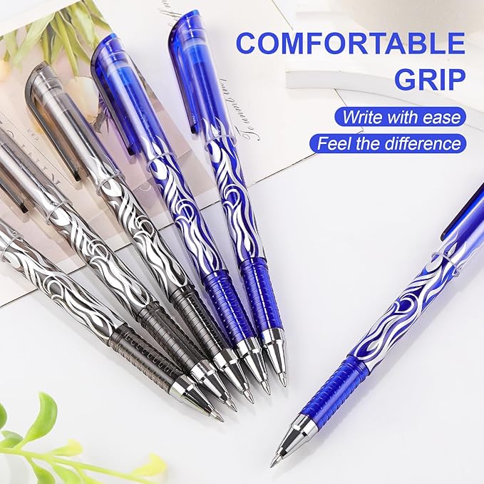 RIANCY 8 Pack 4 Black 4 Blue Ink Erasable Gel Pens, 0.5mm Fine Point, Flame Patterned Barrel, Comfortable Grip, with Eraser, Ideal for Journaling, School Work, Office Tasks, Note Taking, DIY Projects