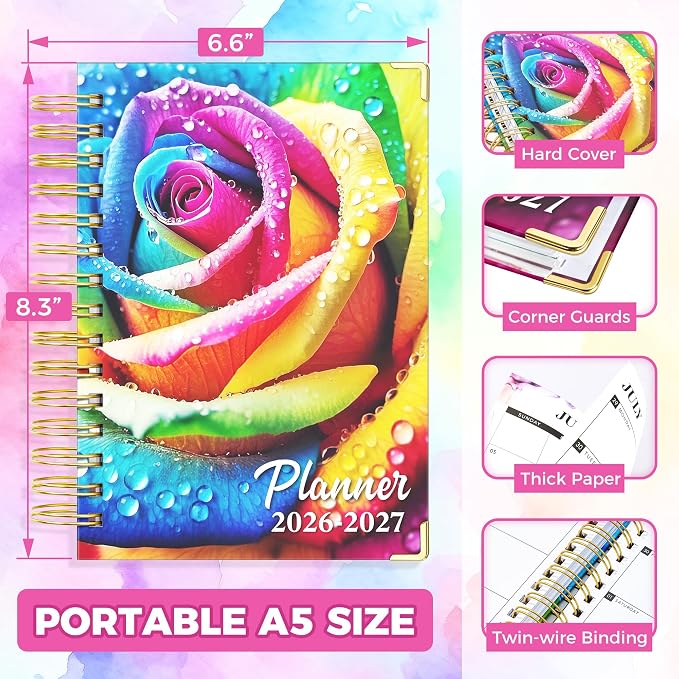 Planner 2026-2027, 18 Month Weekly and Monthly Academic Planner, July. 2026 - Dec. 2027, 6.6" x 8.3" A5 Hardcover Calendar Planner with Page Tabs, Separator Page, Inner Pocket, Bookmark, Stickers, Sticky Note Set