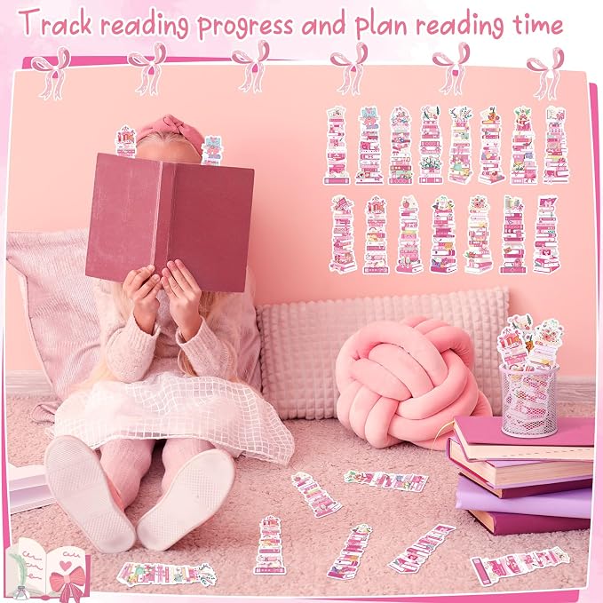 Kolldenn 150 Pcs Book Tracker Bookmarks Bulk 6.3 x 1.97 Inch Bookshelf Love to Read Bookmarks Paper Tracking Double Sided Reading Page Markers for Back to School Reading Lover(Pink Bow)