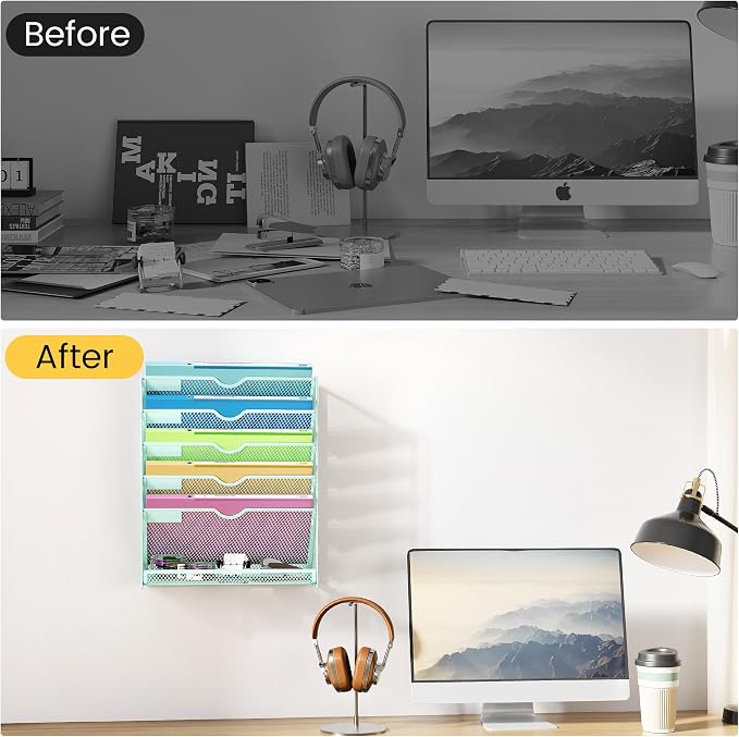 Hanging Wall File Organizer, 6-Tier Mint Green Desk Organizer with Metal Mesh, Foldable Document Organizer for Office Desk, Wall Mount Magazine Rack for Mail/Books/Tablet