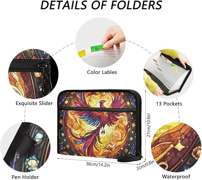 Expanding File Folder Phoenix Fire Wing Rainbow Glass Accordion File Organizer 13 Pockets Document Organizer with Zipper Labels A4 Letter Office Storage