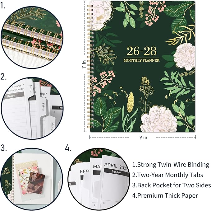2026-2028 Monthly Planner - 2 Year Monthly Planner/Calendar 2026-2028, July 2026 - June 2028, 11" x 9", 24 Monthly Planner with Tabs, Back Pocket, Holidays, Twin-Wire Binding, Note Pages
