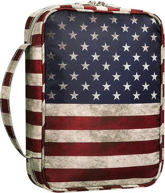 FINPAC Bible Cover, Carrying Book Case Church Bag Bible Protective with Handle and Zippered Pocket, Gift for Mother Lady Women Men, US Flag