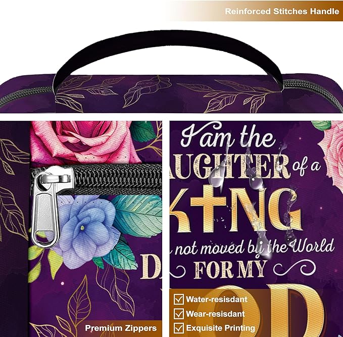 Daughter of the King Bible Cover for Women, Inspirational Scripture Floral Bible Bag with Handle and Zipper Pocket, Fits Standard Size Bible, Christian Gift for Girls, Church or Bible