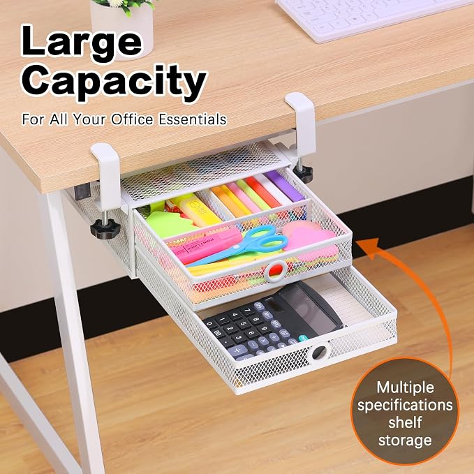 ROSYLINE Under Desk & Desktop Drawer Organizer - 2-Tier Metal Slide Out Drawers Organizer, Storage for Home Office Desk (White)