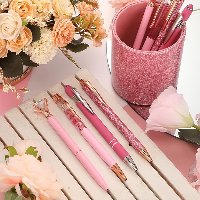 Sabary 8 Pcs Pink Pens with Pen Holder for Desk Glitter Crystal Diamond Cute Ballpoint Fancy Pencil Holder Bling Desk Organizer for Women Girls School Office Supplies Wedding Graduation Gifts