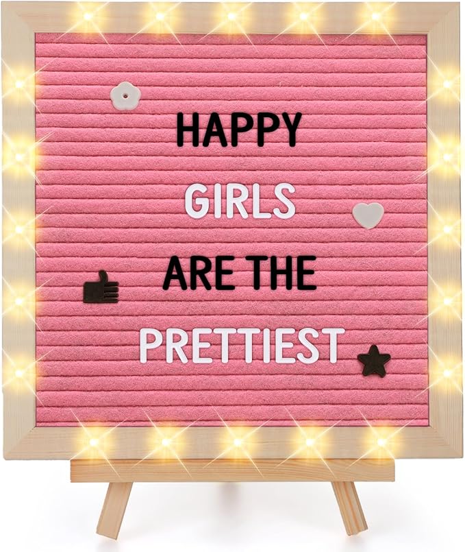 Changeable Felt Letter Board with LED Lights - 10''×10" Message Custom Signs & Wood Stand & 450 Letters, Poster Board for Baby/Pregnancy Announcement/Classroom Wall Decor Gifts, Pink