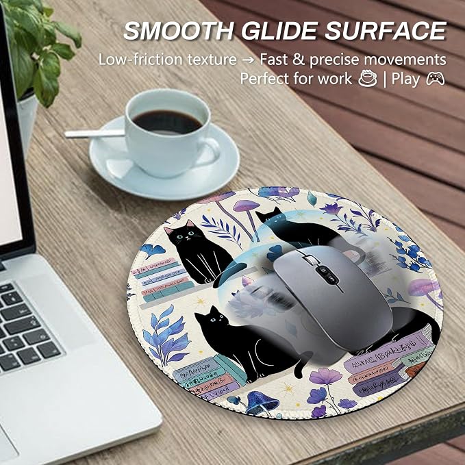 Gctriki Cute Black Cat Mouse Pad, 8.6" Round Funny Mousepad with Stitched Edge & Non-Slip Base, Comfortable Mouse Pads for Computer Laptop, Unique Office Decor & Home Desk Accessories Cat Book Lovers