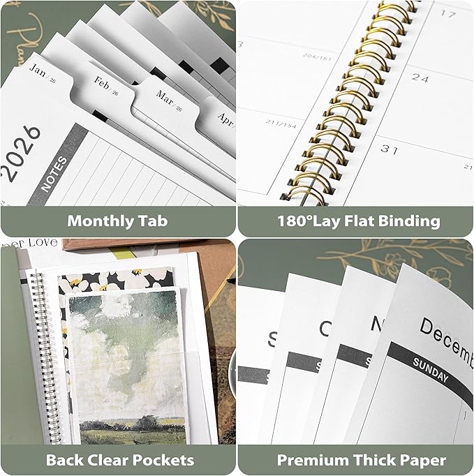 2026-2027 Monthly Planner - 2026 Monthly Planner, JAN. 2026 - DEC. 2026, 9" x 11", Tabs & Note Pages, Spiral Binding, Thick Paper, Back Pocket
