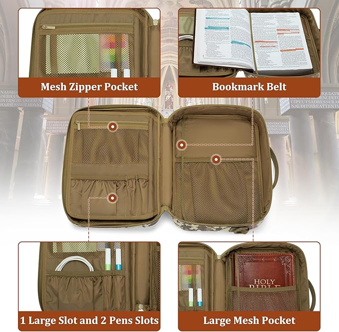 Damero Bible Cover for Men, Bible Carrying Case Church Bag with Multiple Pockets, Bible Case with Top Handle and Shoulder Strap, Camo