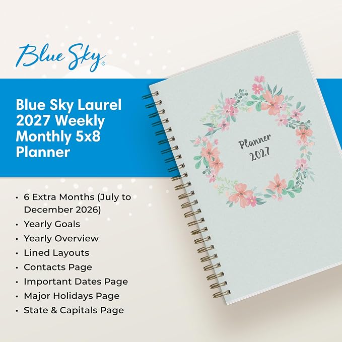 Blue Sky 2027 Weekly and Monthly Planner Calendar, January 2027 - December 2027, 5" x 8", Flexible Frosted Cover, Laminated Tabs, Durable Twin Wire Binding, Laurel