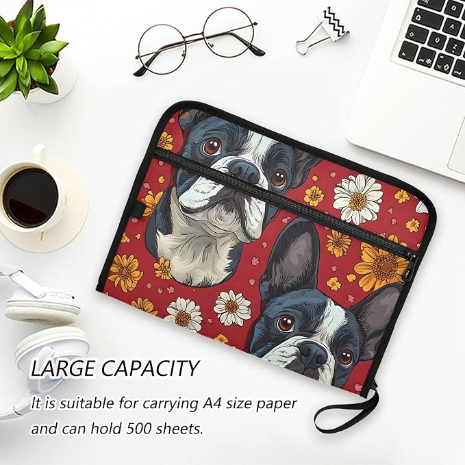 Purple Butterfly Grass Boston Terrier Dog Daisy Expanding File Folder Accordion File Organizer 13 Pockets Document Organizer with Zipper Labels Office Storage for Letter A4