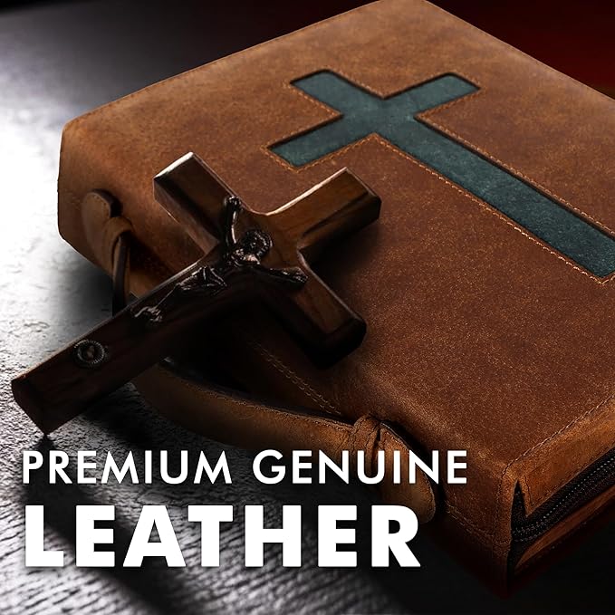 ELIZO Leather Bible Cover Bible Case for Men Women Genuine Leather Bible Bag Holder Cross Large Carrying with Zipper Case Protector Christian Religious Gifts for Mens Pioneer Saddle Green Study/Large