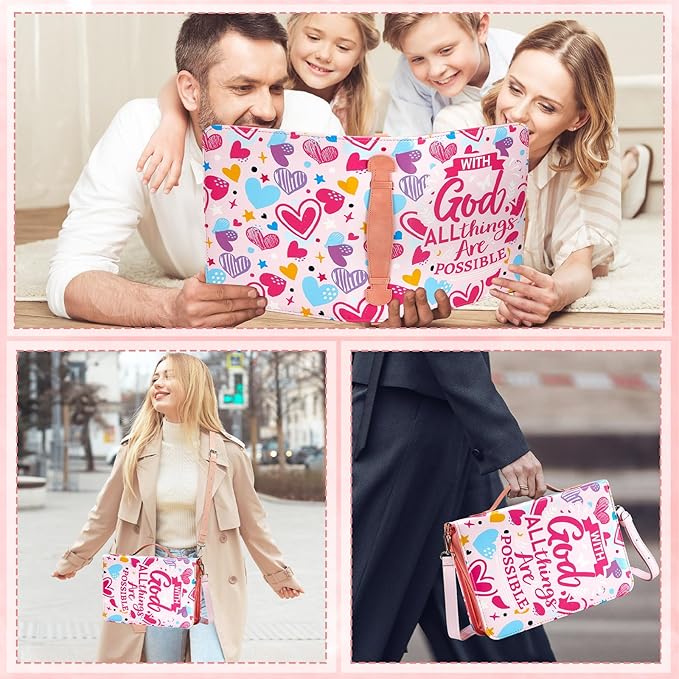 19PCS Pink Love Heart Leather Bible Cover for Women Bible Cover Cases for Teen Girls Christmas Gift Christian Church Carrying Bag Journaling Kit with Shoulder Strap Highlighter Pens Book & Marker