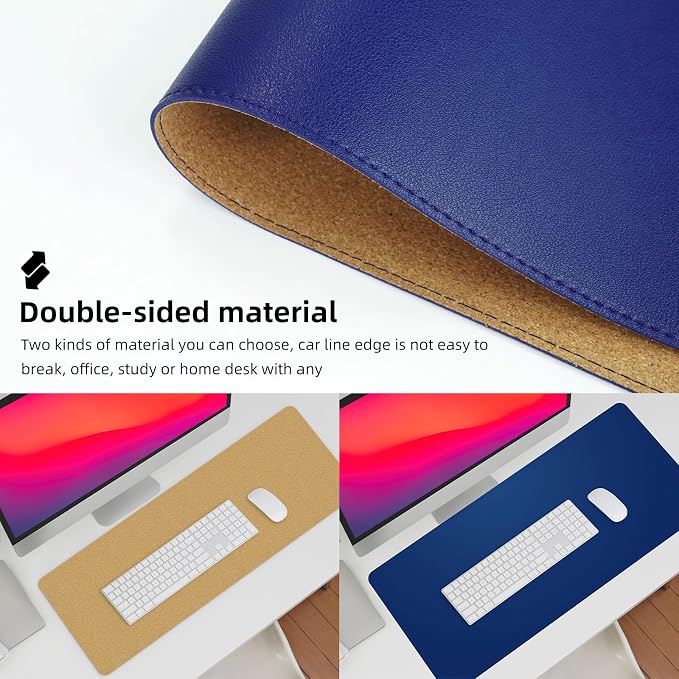 AFIING Leather Desk Pad Protector, Large Desk Mat with Natural Cork & PU Leather, Mouse Pad, Non-Slip, Waterproof Desk Writing Pad for Office and Home, Sapphire Blue