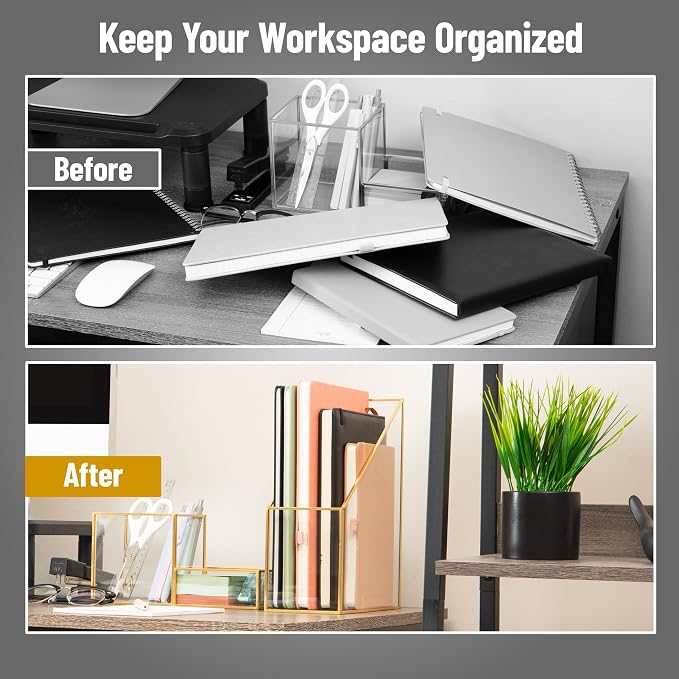 Mind Reader Vertical Glass File Holder with Copper Trim, Angled Magazine Organizer for Documents, Folders & Mail, Glass and Copper, Clear