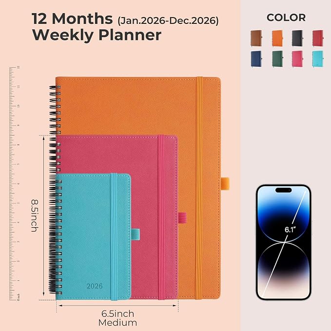 Planner 2026 Daily Weekly and Monthly,8.5"x6.5",12 Months Spiral Bound Calendar Agenda with Self-adhesive Pen Holder,2026 Appointment Book with Vegan Leather Soft Cover,Light Blue