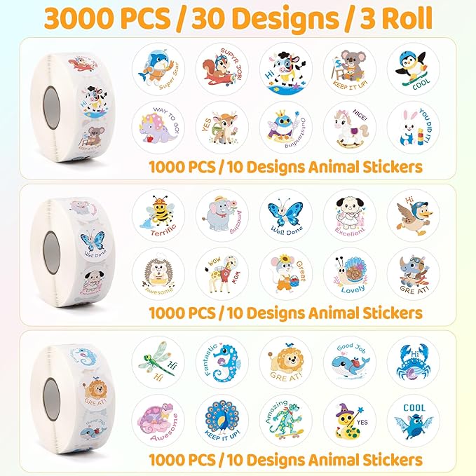 3000 PCS Animal Stickers, 3 Rolls Kids Stickers, 1 Inch, 30 Designs Cute Animal Sticker with Motivational Words, for Kid Reward School Supplies Stickers