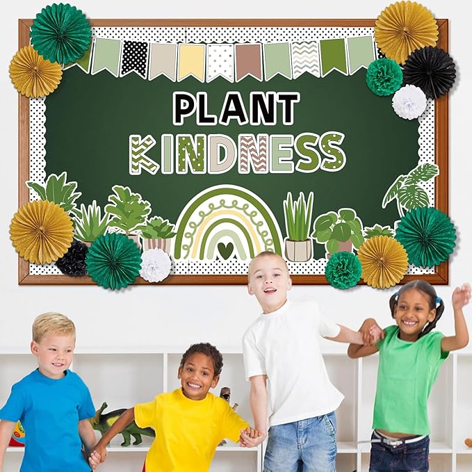 Summer Greenery Bulletin Board Decorations with 3D Tissue Paper Flower Paper Fan Positive Plant Kindness Classroom Bulletin Board Border Greenery Rainbow Cutouts for School Home Chalkboard Supplies