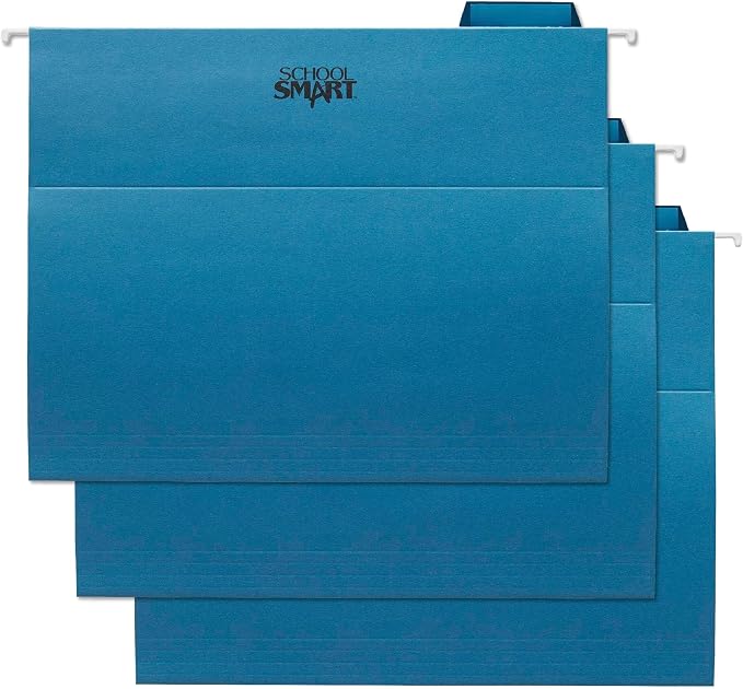 School Smart Hanging File Folders, Letter Size, 1/5 Cut Tabs, Blue, Pack of 25