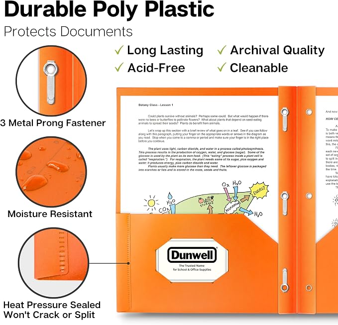 Dunwell Pastel Folders with Prongs (6 Pack), Aesthetic Back to School Supplies, 2 Pocket 3-Prong Color-Coded Plastic Folders for School, Labels Included