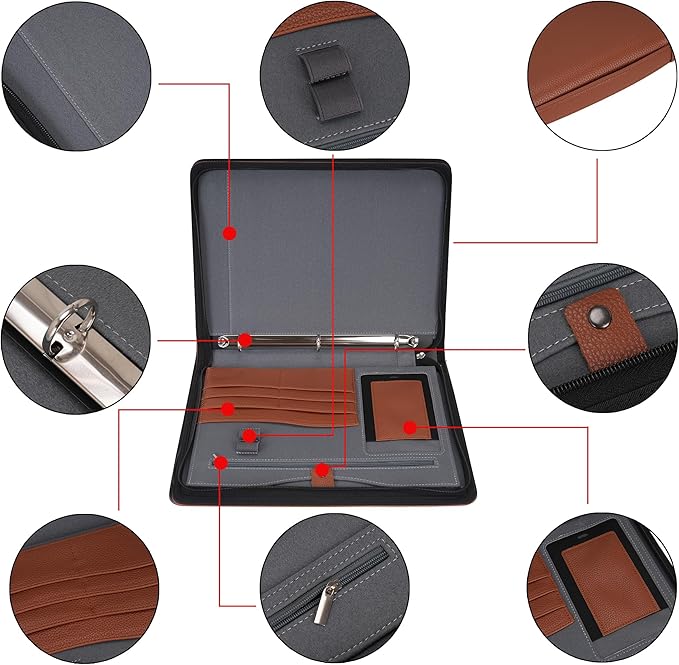 Wonderpool Travel Zippered Portfolio 3 Ring Binder A4 Padfolio Document Case with Removable Clipboard Legal Pad Holder, Business Office School Organizer for Men and Women (Brown)