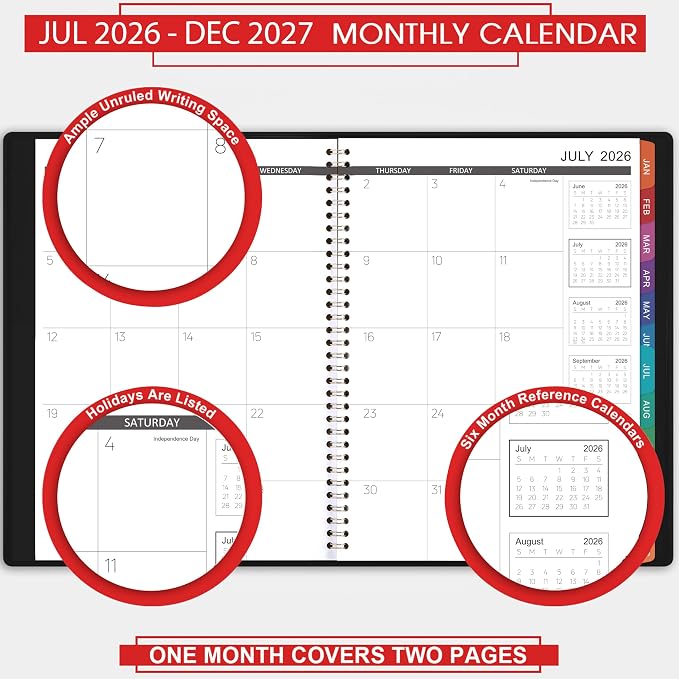 2026-2027 Monthly Planner/Calendar - Jul 2026 - Dec 2027, Monthly Planner 2026-2027, 18 Months, Faux Leather, 8.86" x 11.4", 15 Notes Pages, Strong Twin - Wire Binding, Tabs, Perfect Organizer - Black