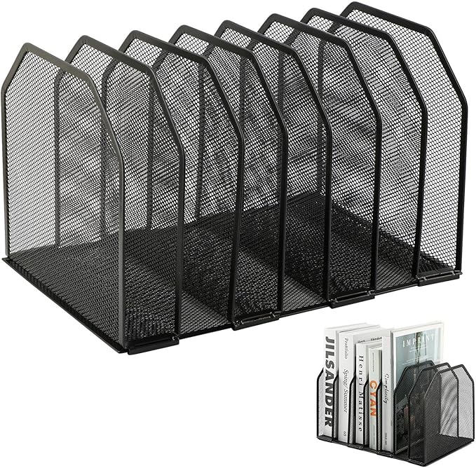 7-Section Vertical Mesh File Sorter, Black Metal Desktop Document Organizer with Extra Wide Spacing, Metal Paper Holder for Home Office Classroom Desk Storage