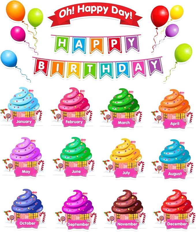 EAMAY Happy Birthday Bulletin Board Sets, Preschool & Kindergarten Classroom Decorations, Back to School Classroom Supplies, Cardstock Colorful Cutouts (Rainbow)