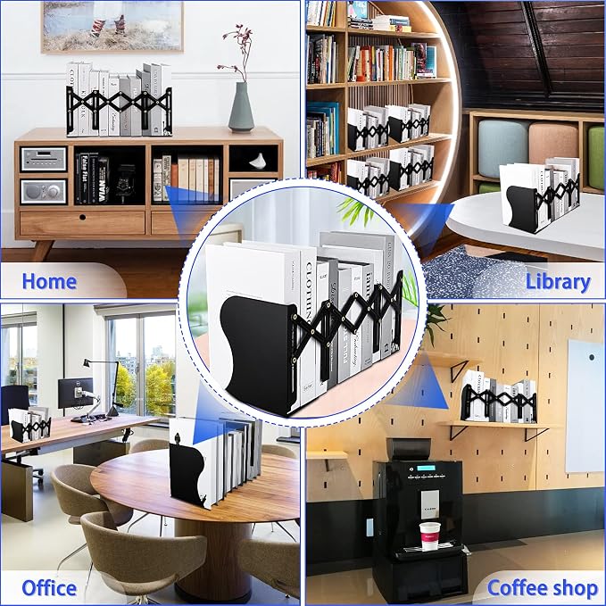 Non Skid Book Ends to Hold Books, Carooyac Metal Adjustable Book Ends Decorative Bookends for Home Office, Heavy Duty Kids Bookshelf Magazine Holder Book Organizer for Desk