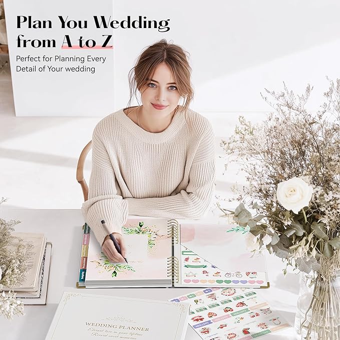 ABC life Wedding Planner Book and Organizer, 10 Sections Notebook Organizer for Bride, Engagement Gifts Binder Calendar with Colorful Stickers, Personalized Wedding Stuff, Green Leaf