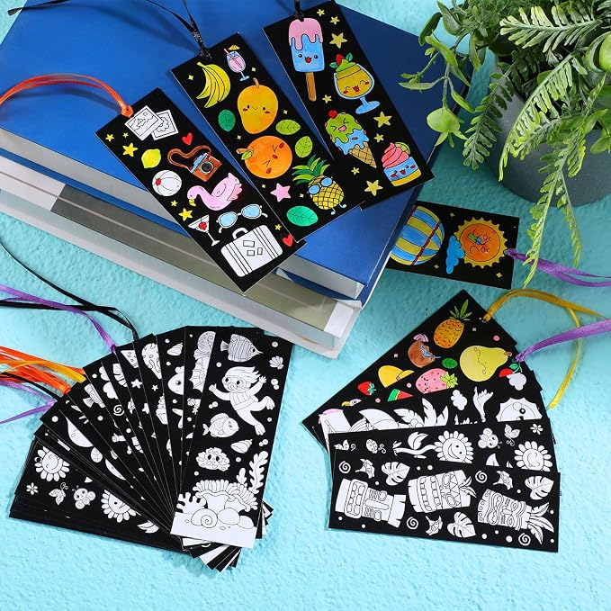 Frienda 80 Pcs Summer Color Your Own Bookmarks with Ribbon Bulk DIY Coloring Crafts Beach Ice Cream Ocean Fruit Sun Bookmark Blank Paint Decorate for Teacher Summer Party Gift Tags