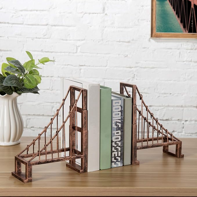 MyGift Decorative Bookends for Heavy Books, Vintage Bronze Metal Suspension Bridge Design Book End Shelf Decor, Architect Book Stopper Holder Stand, Home Office Decor, 1-Pair