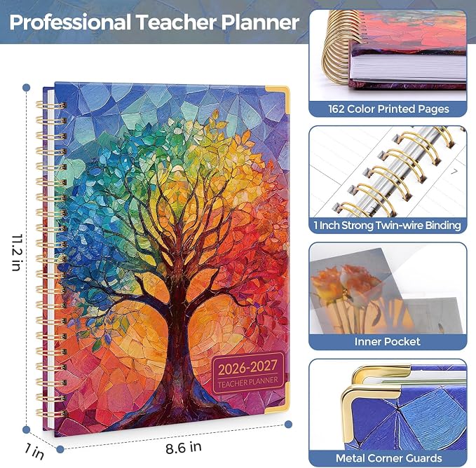 SKYDUE Teacher Planner 2026-2027 Academic Year, 8.5" x 11" Deluxe Teacher Lesson Planner with Monthly Tabs & Stickers, Lesson Plan Book 26-27, Tree of Life