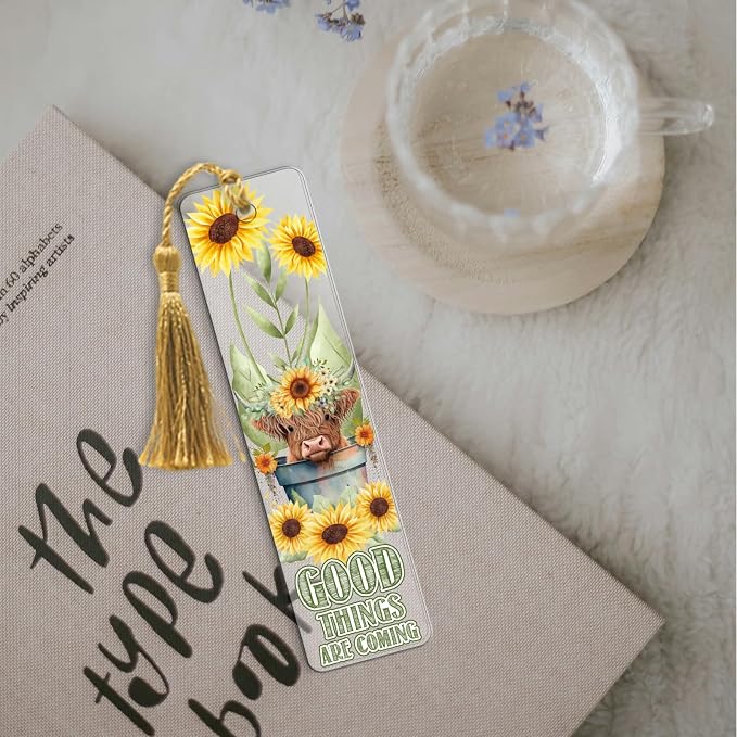 AFRITEE UV DTF Bookmark Wraps - 24 Sheets Cute Highland Cow Blank Bookmark UV DTF Stickers, Sunflower Flower Double-Sided Waterproof Transfer Sticker Decals Decoration Gift for Book Lovers