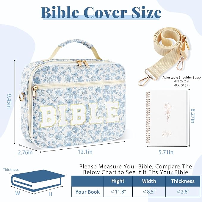 Personalized Initial Bible Cover Case for Women, Large Quilted Bible Bag with Durable Handle, Stylish Church Bag Journaling Kit with Study Supplies Accessories, Christians Gifts for Women (Blue)