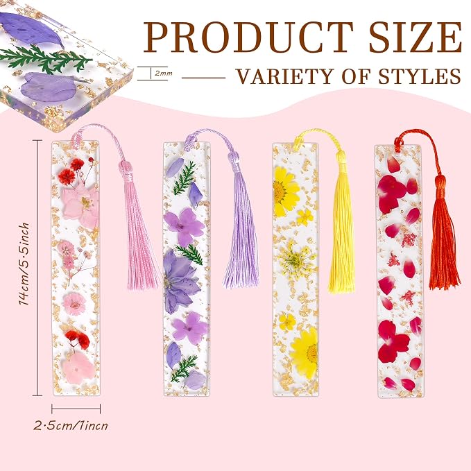 4 Pieces Dried Flower Resin Bookmark for Men Women Book Lovers, Handmade Transparent Floral Pressed Flower Book Mark Bookmarks Box Set, Ideal for Birthday Present, Teachers Appreciation