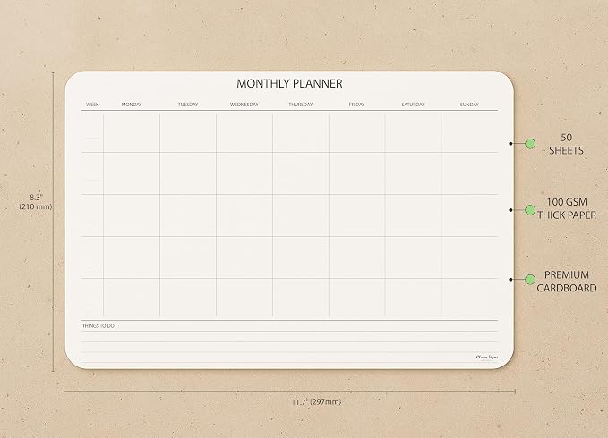 Undated Monthly Planner Notepad,Desk Calendar for Organizing&Scheduling Tasks-Productivity Tracker,Goals,Notes&To-Do Lists–A4 Size (8,3"X11,7")Premium Thick Paper with Cardboard Back Support 50 Sheets