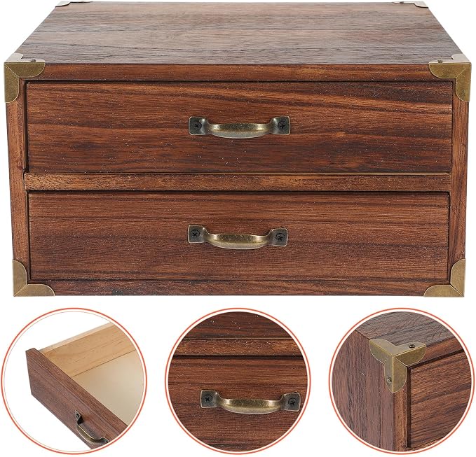 Alipis 2 Drawer Wooden Desktop Organizer - Vintage Style Storage Cabinet for Office Supplies Jewelry and Cosmetics Compact 9.44X7.08X5.11 Inch