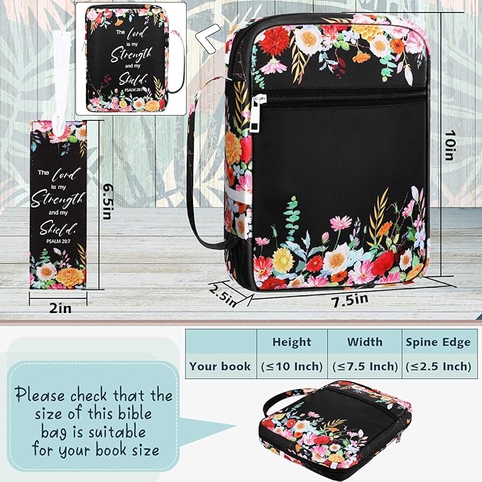 Laumoi Bible Cover Floral Bible Case with Handle and Zippered Back Pocket 10 Inch Women Bible Bag with Bookmark Portable Bible Carrying Case for Bible Study, Outdoor, Daily Commuter (Less Flower)
