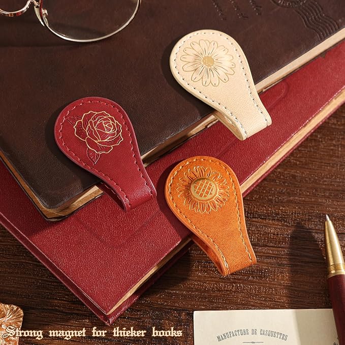3PCS Vintage Magnetic Leather Bookmark, Leather Magnetic Bookmarks for Women, Magnetic PU Bookmarks Clip Book Accessories, Gilded Flower