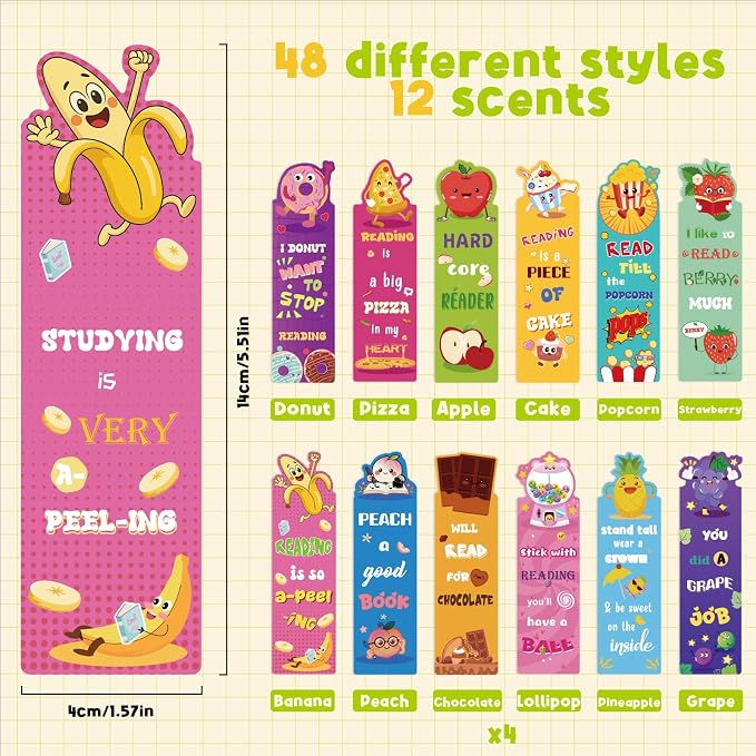 48PCS Scented Bookmarks Scratch and Sniff Bookmark Bulk Paper Bookmarks for Kids Adults Women Students Readers Book Lovers Gifts, 48 Styles Fun Cute Bookmark Inspirational Book Marks with Pun Quotes