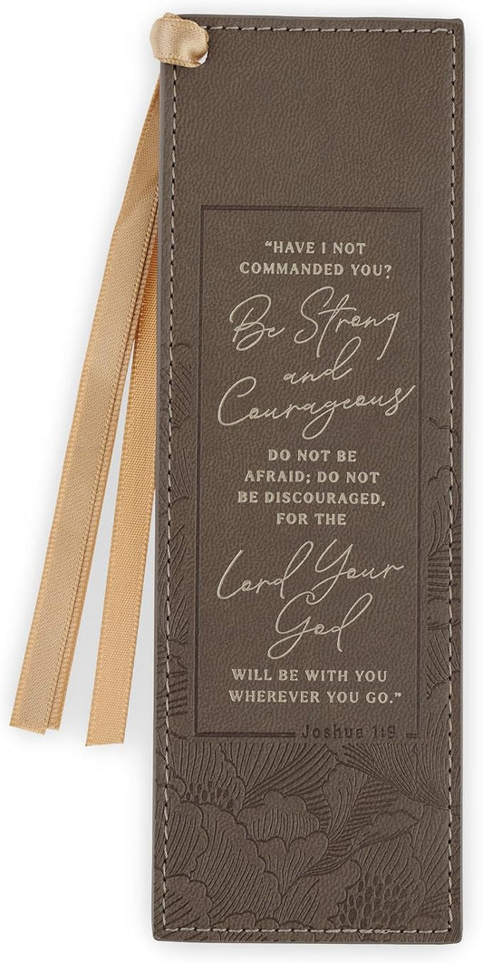 Christian Art Gifts Premium Vegan Leather Inspirational Scripture Bookmark for Women: Strong & Courageous Encouraging Bible Verse, Satin Ribbon, Sturdy Debossed Reading Accessory, Brown Floral & Gold